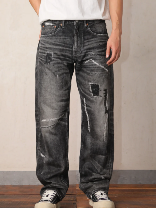 Men's vintage biker heavy-wash black straight-leg jeans