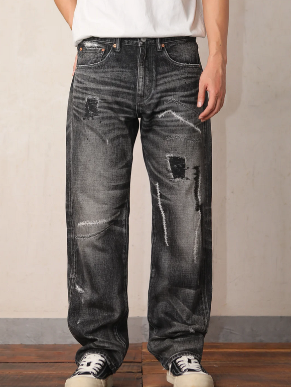 Men's vintage biker heavy-wash black straight-leg jeans