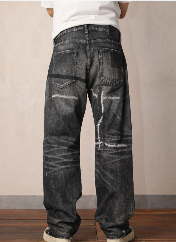 Men's vintage biker heavy-wash black straight-leg jeans - Image 2